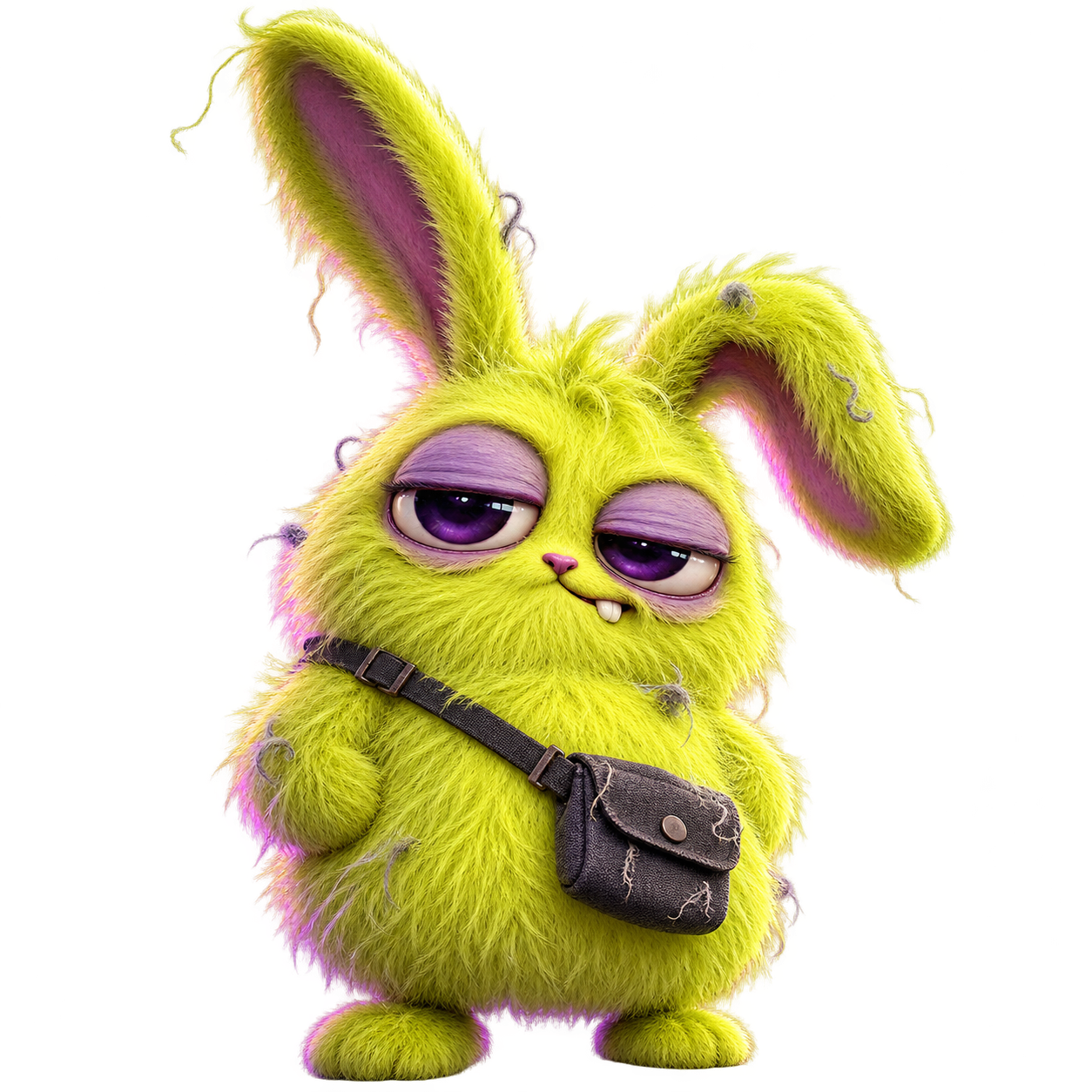 DUSTBUN, a fuzzy acid-yellow creature with mismatched rabbit ears, sleepy purple eyes, and a tiny shoulder bag